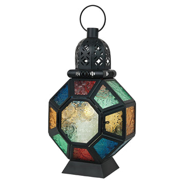 Vintage Large Size Decorative Ramadan Candle Lantern, 12'' Metal Hanging&Tabletop Moroccan Stained Glass Lantern