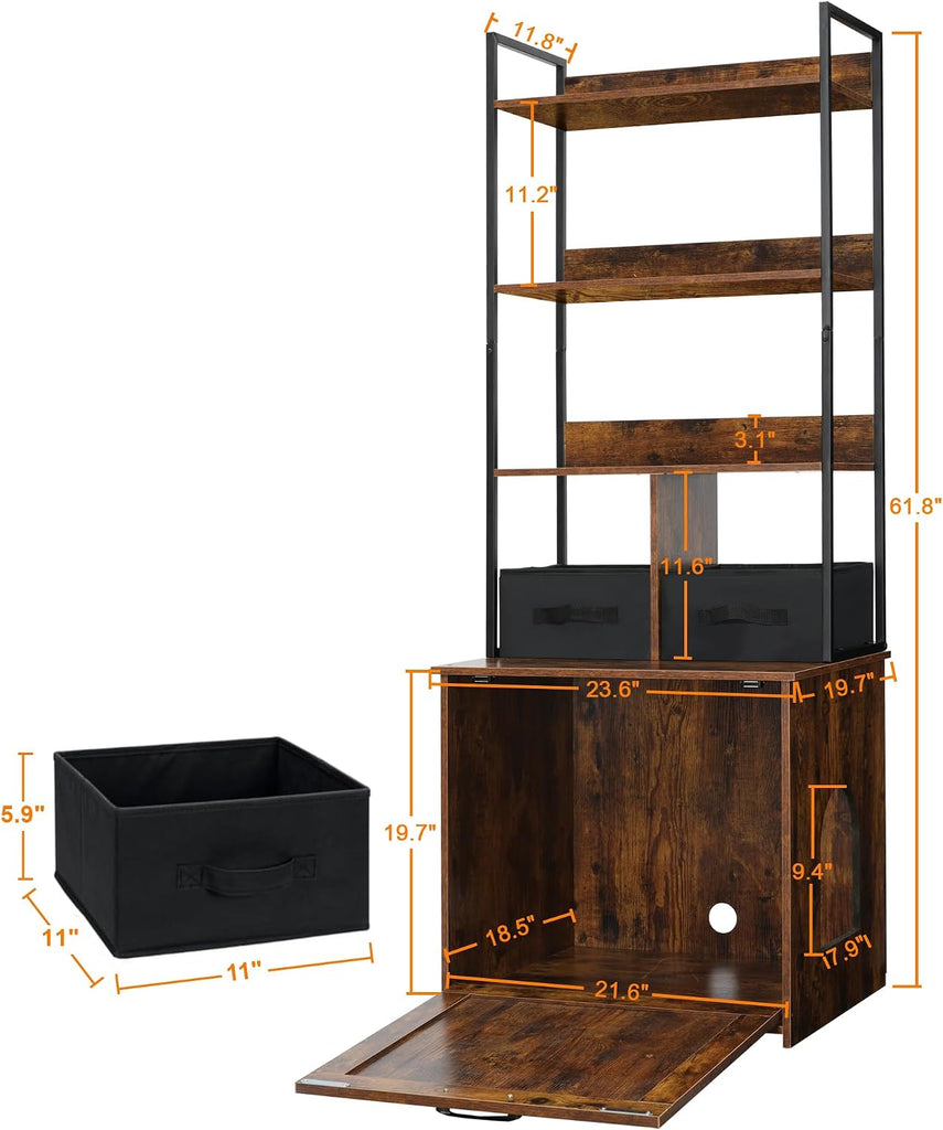 Cat Litter Box Enclosure, 3 Storage Shelves and 2 Drawers, 61.8" H