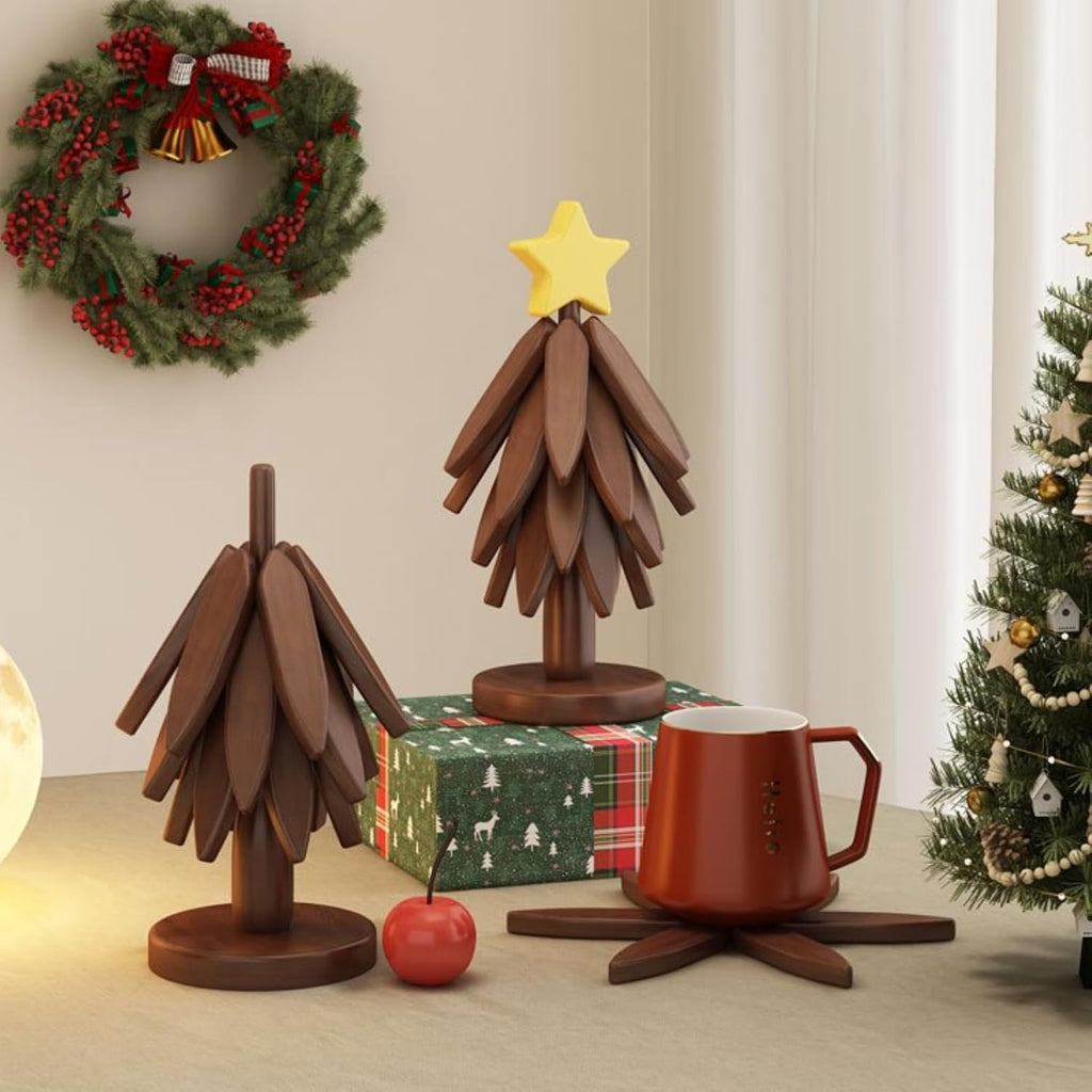 Trivets for Hot Dishes, Upgraded Foldable Wooden Coaster Set Walnut Wood Christmas Tree Trivet Stand Home Decoration