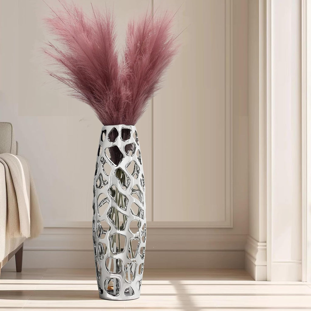 24'' High Ceramic Floor Vase Silver | Handmade Vase with Hand Carved Hollow Pattern for Decorative Branches and Dried