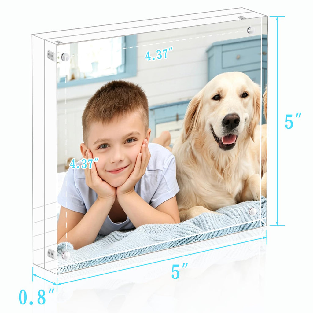 Acrylic 5x5 Picture Frame 2 Pack Clear Two Sided Desk Photo Frame Magnetic Frame Inner Size 4x4 with Gift Pack for
