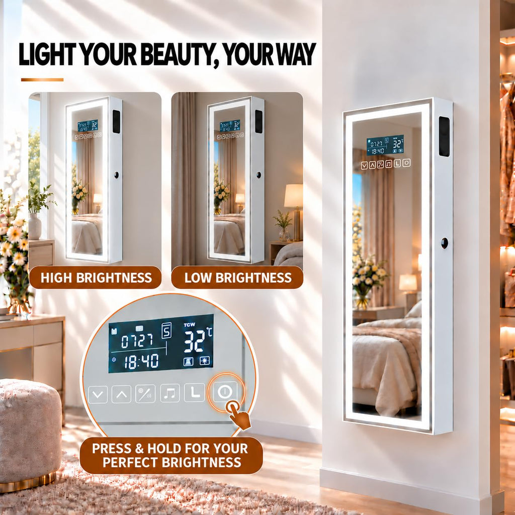 LED Mirror Jewelry Cabinet, Bluetooth Speaker, Full Length Mirror, White