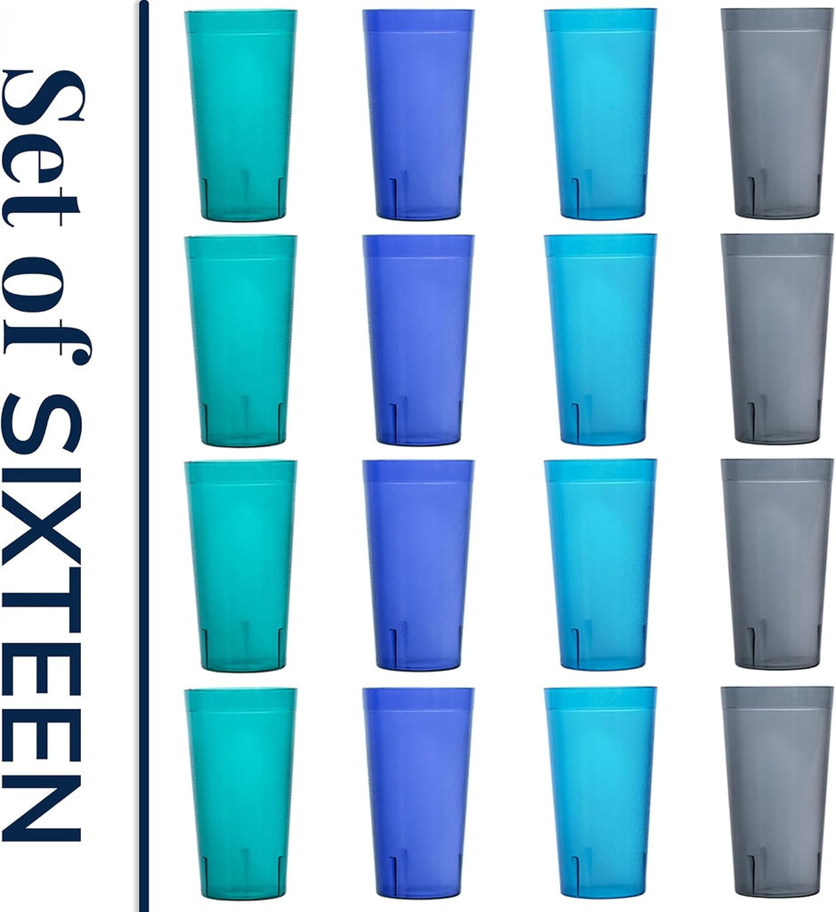 Cafe Plastic Reusable Tumblers (Set of 16) 20-ounce Water Cups Coastal Colors | Restaurant Style Drinking Glasses