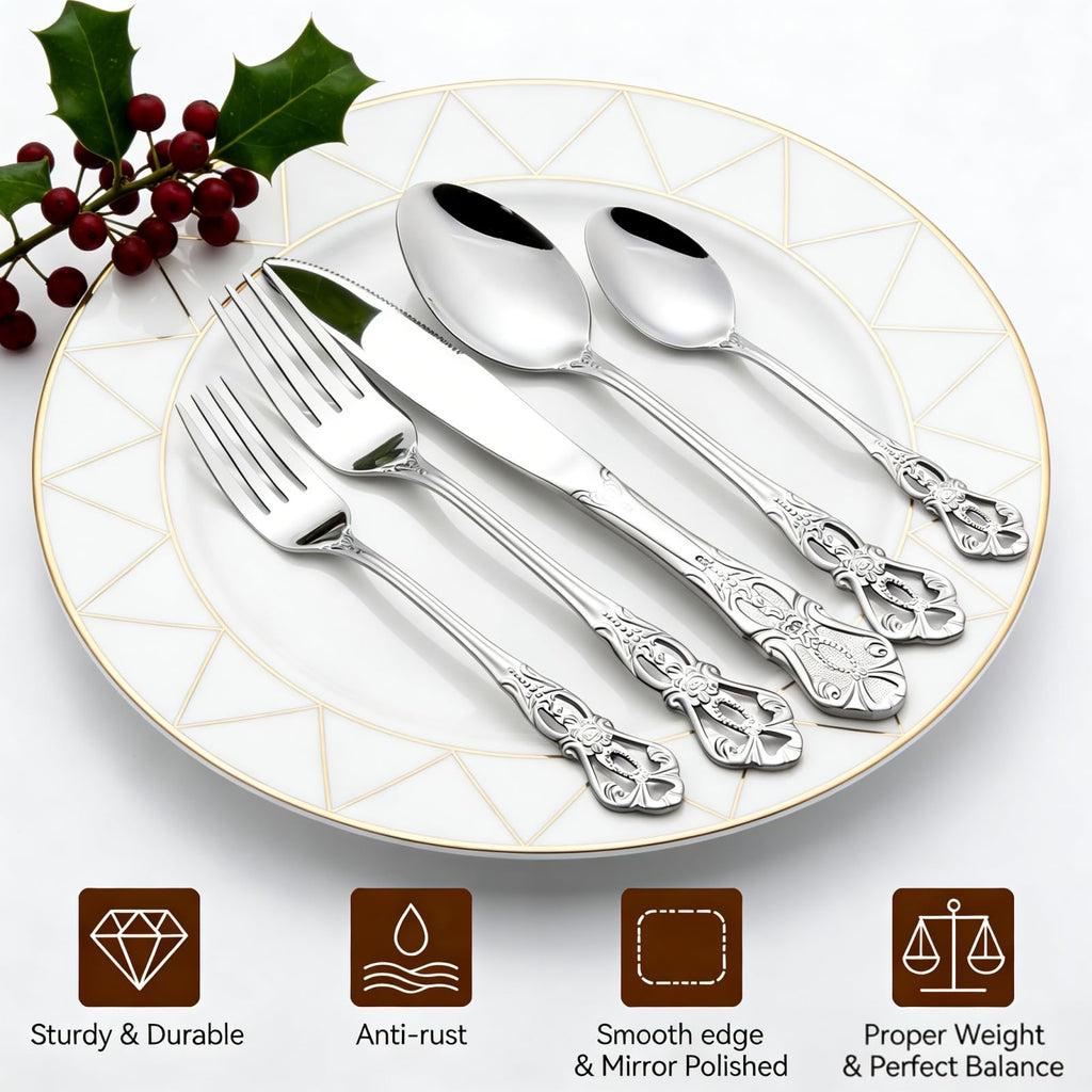 40 Pieces Retro Royal Silverware Set for 8, Stainless Steel Flatware Set, Dishwasher Safe Dinnerware Set Including