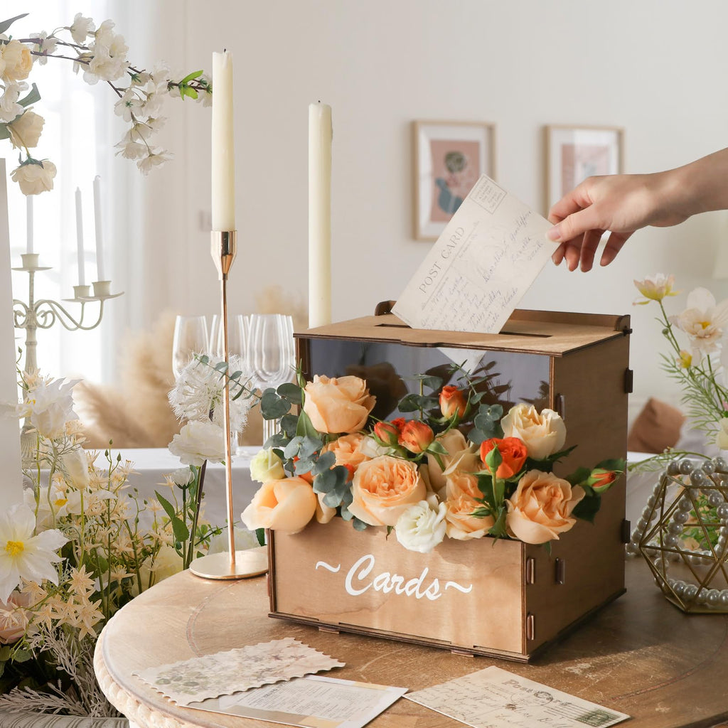Brown Wooden Wedding Card Box with Flower Trough & Acrylic Board