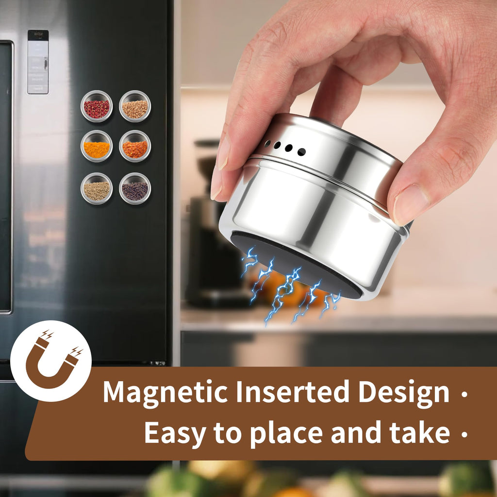12pcs Stainless Steel Spice Jars, Magnetic Condiment Tins Magnetic Spice Jar With Clear Lid And Holes Sift&Pour