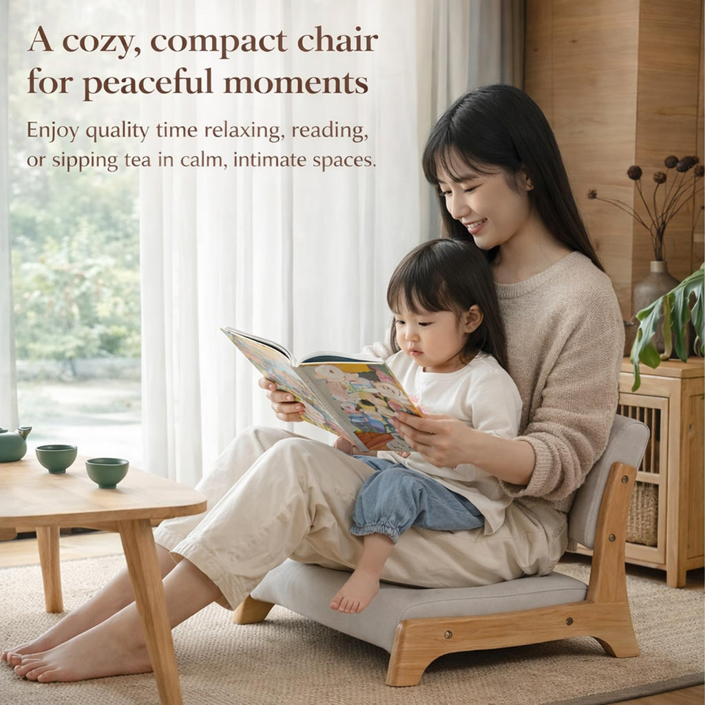 Japanese Floor Chair, Comfy Zaisu Meditation Chair with Back Support, Solid Wood Frame Low Kotatsu Seat, Bay Window