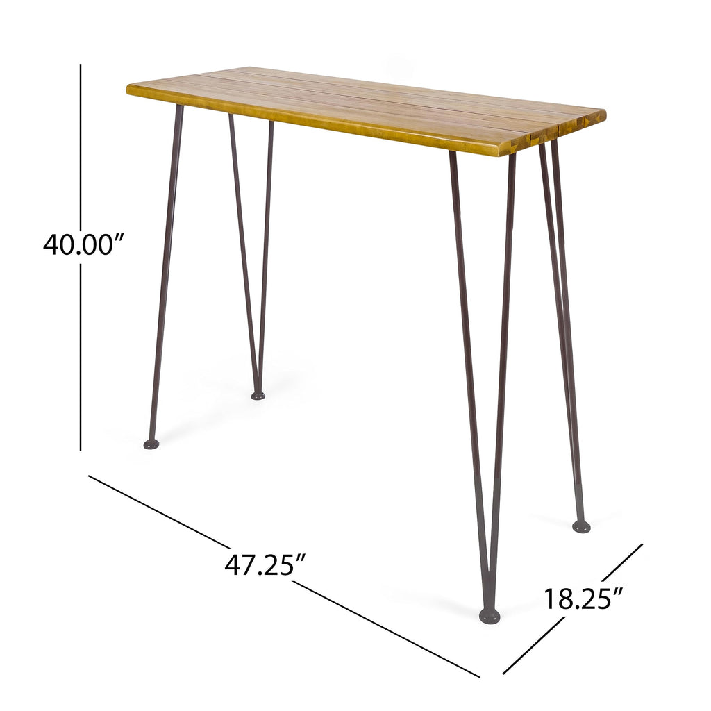 Denali Ouotdoor Industrial Acacia Wood Bar Table with Iron Frame, Teak Finish / Rustic Metal