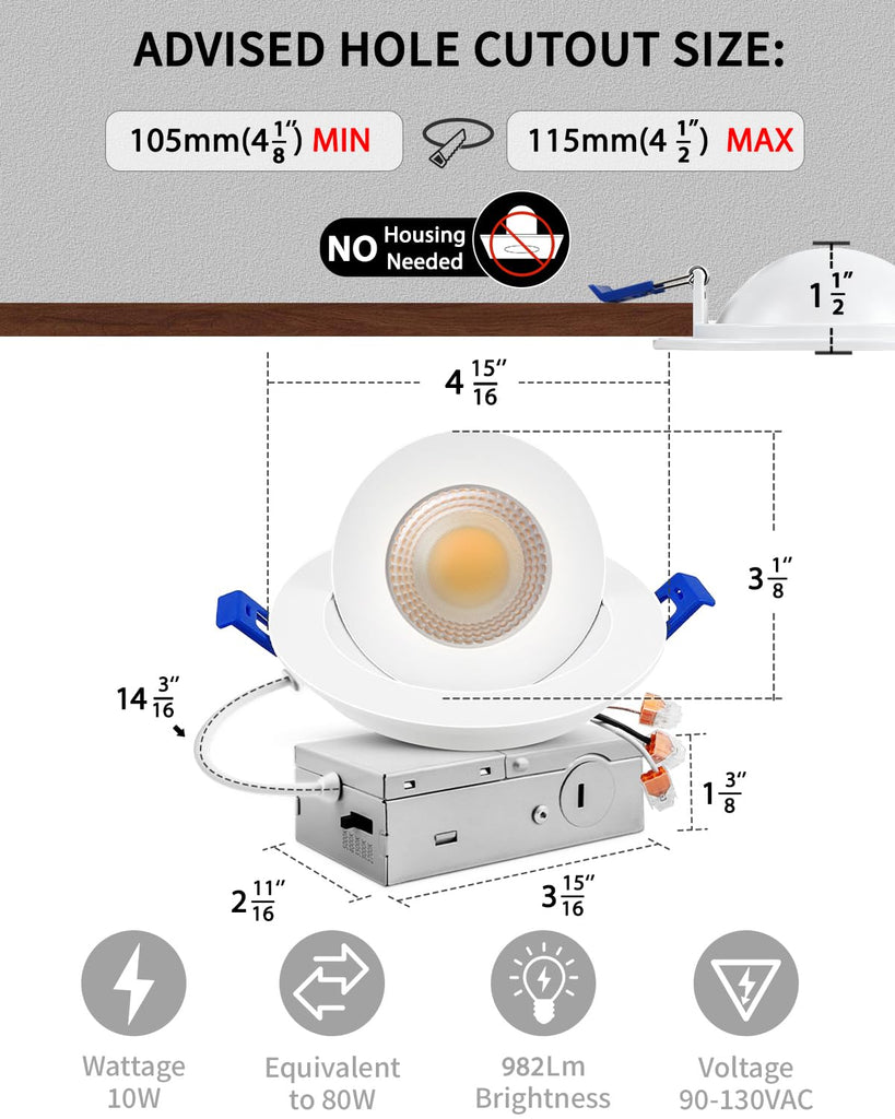 6 Pack 4 inch 5CCT Eyeball Gimbal LED Recessed Lights, 10W=95W