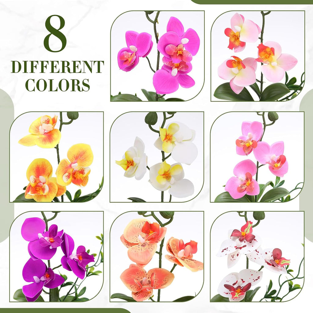 Artificial Orchid Flowers Mini Potted Orchids Fake Orchids with Plastic Vase for Table Centerpiece Home Office - Set of 8