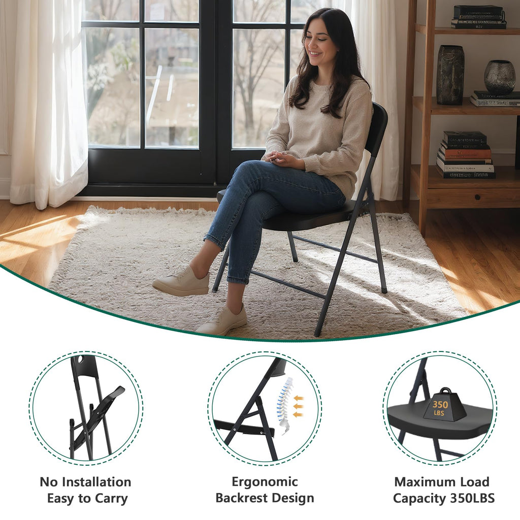 10 Pack Black Folding Chair, Plastic Portable Stackable Commercial Seats with Steel Frame 350lb, Heavy Duty Foldable