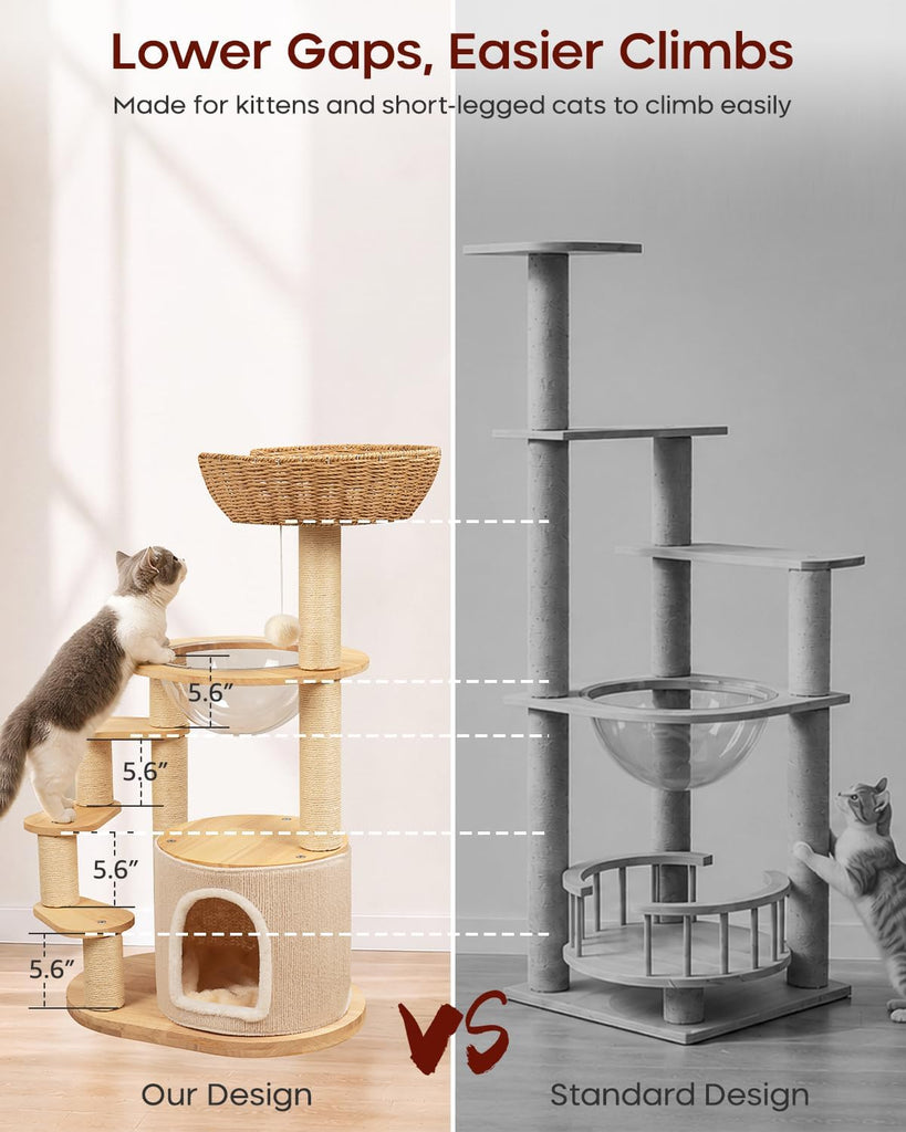 Solid Wood Cat Tree for Kitten & Munchkin, Modern Cat Tower with Low-Rise Steps, Indoor Multi-Level Aesthetic Boho