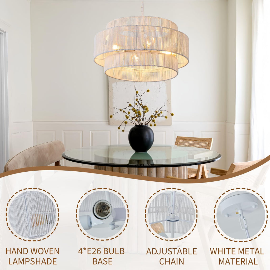 4-Light Large White Rattan Chandeliers, 22.8in Boho Coastal Pendant Lights