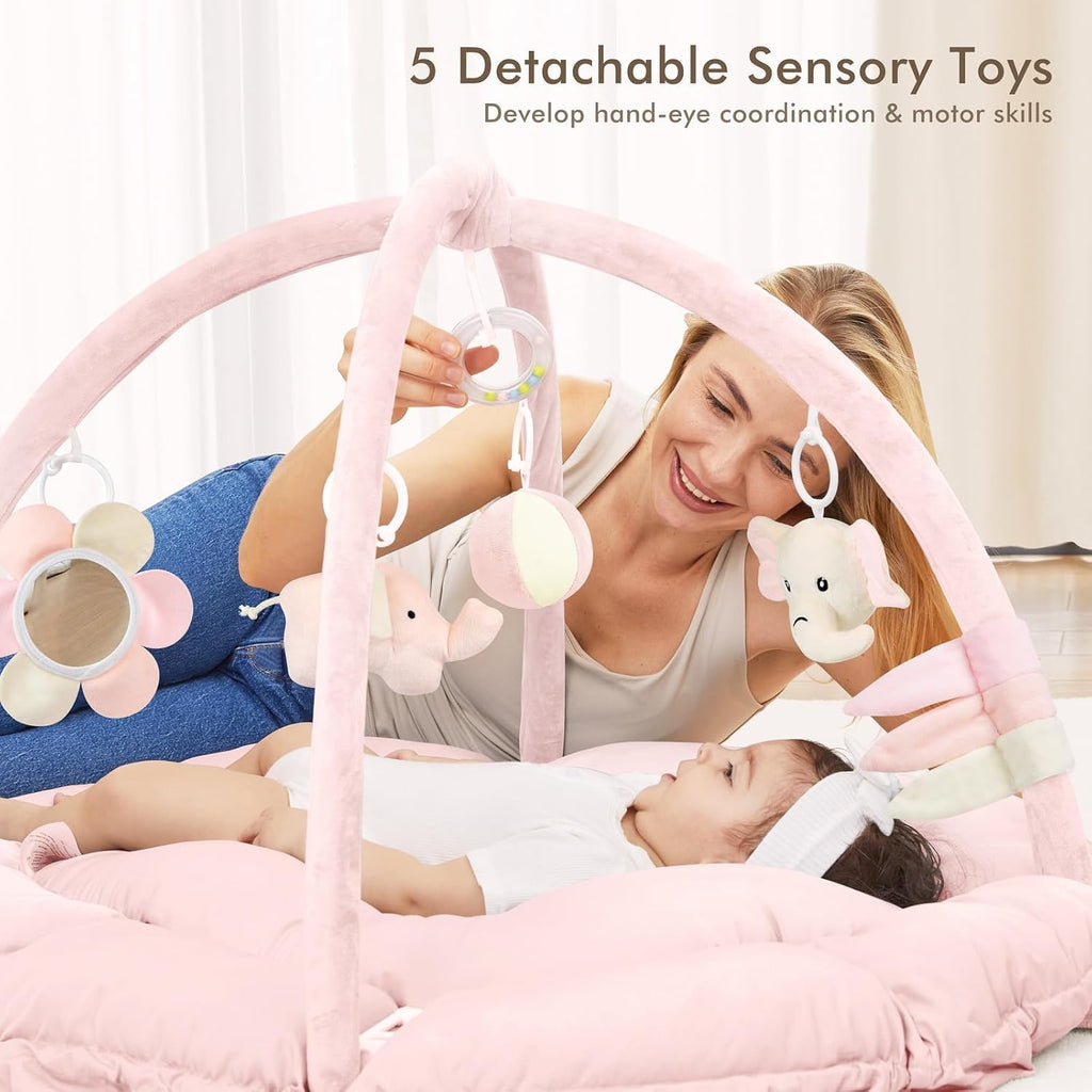 5 in 1 Baby Play Gym Mat, Reversible Tummy Time Mat with 5 Sensory Toys for Stage-Based Developmental, Thick & Large