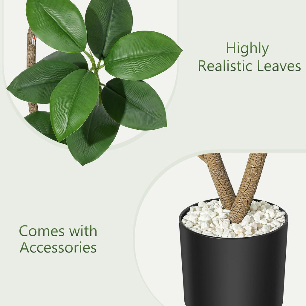 7FT Artificial Plants Rubber Tree with Black Resin Pot& White Stone Faux Fiddle Leaf Fig Tree Indoor Artificial Trees