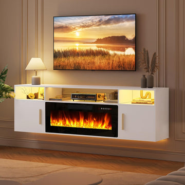 70" Floating TV Stand with 36" Electric Fireplace, Wall Mounted Fireplace LED Light Entertainment Center with Open