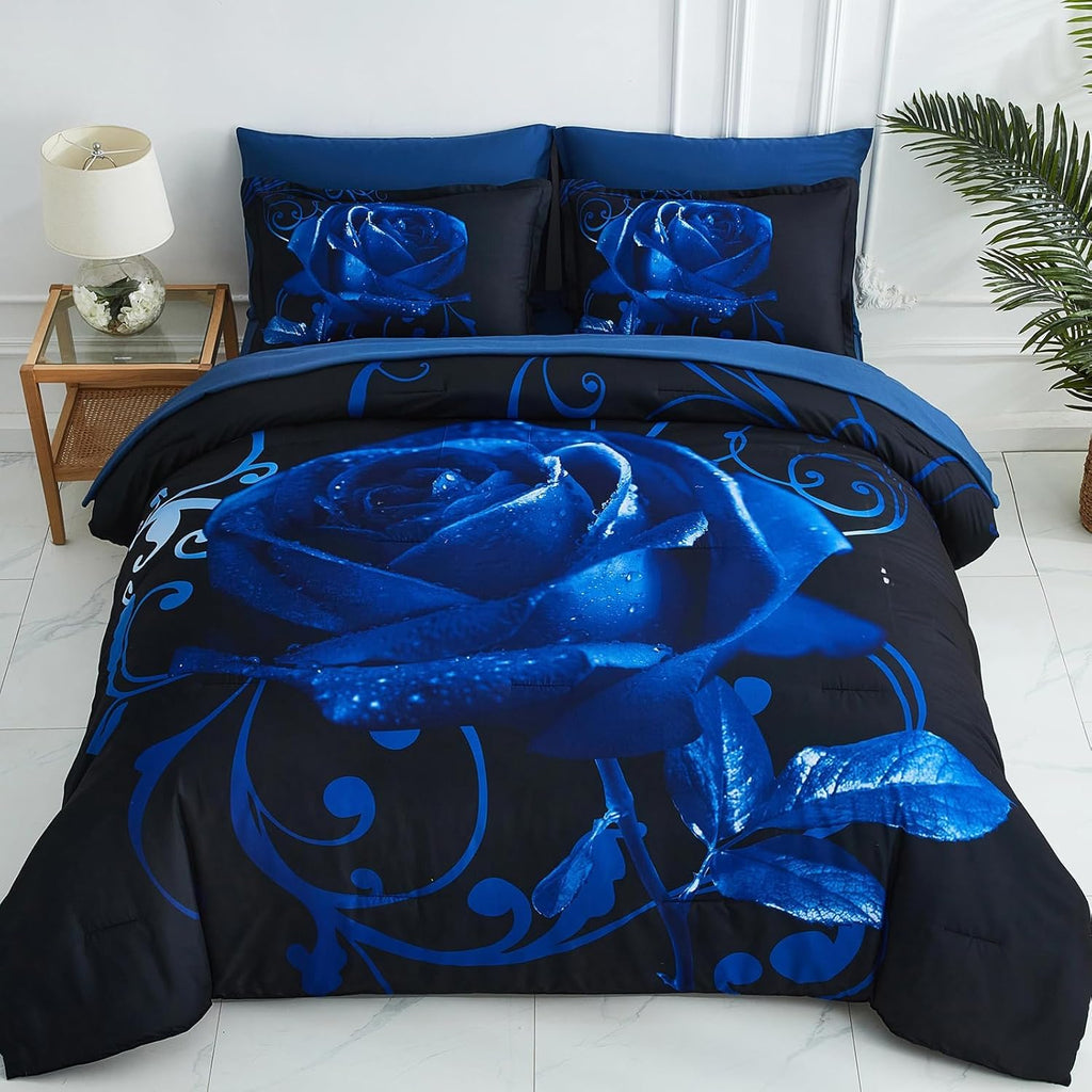 Xruibed Blue Comforter Set Queen 7 Piece Bed in a Bag Blue Rose Comforter with Sheet Set Soft Micorfiber Reversible
