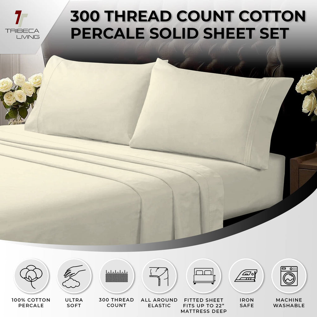 Twin XL Cotton Percale Deep Pocket Sheet Set, Ivory