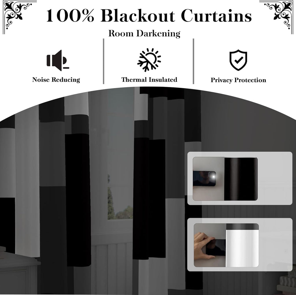 Black Grey 100% Blackout Curtains for Bedroom 96 inch Long 2 Panels Set White Grey Modern Abstract Geometric Black
