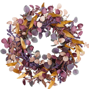 22 Inch Fall Wreath for Front Door with Artificial Purple Eucalyptus Leaves
