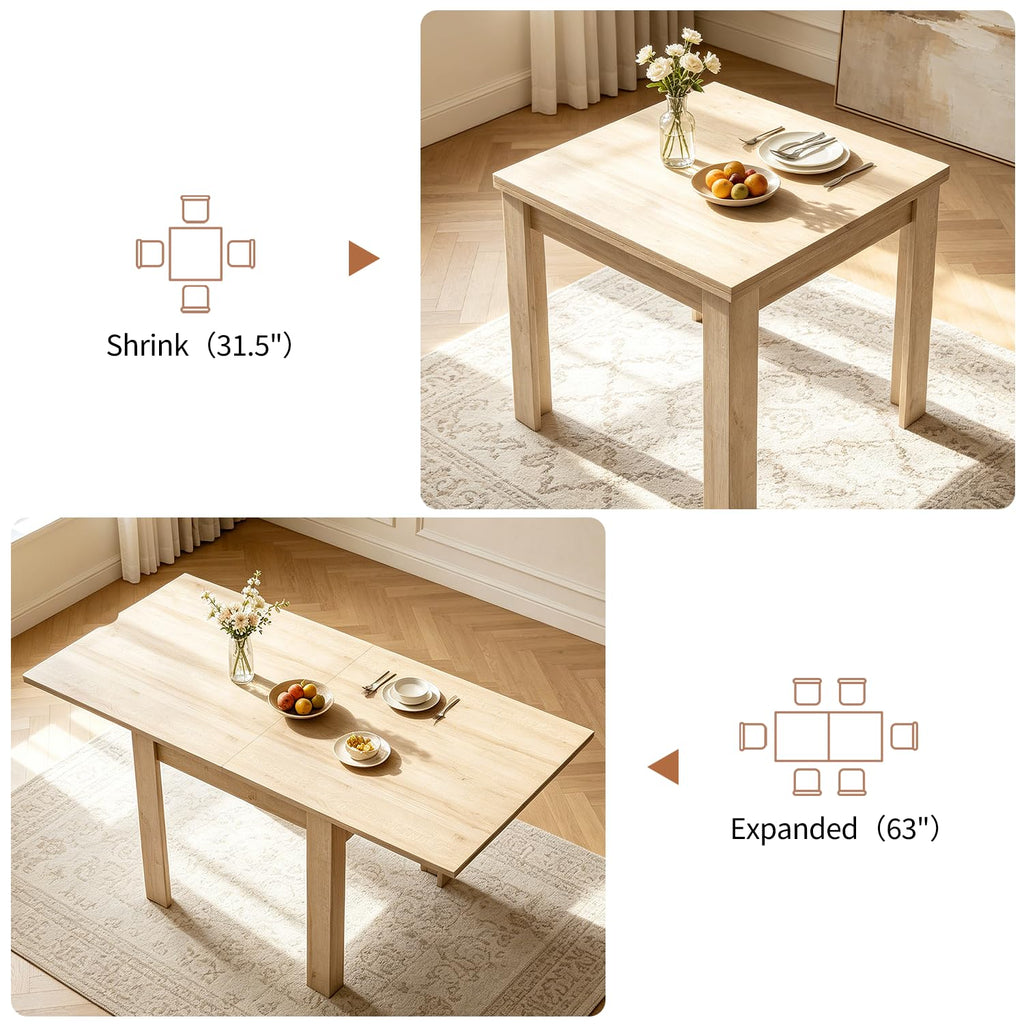 31.5"-63" Square Extendable Folding Dining Table, Natural MDF Wood