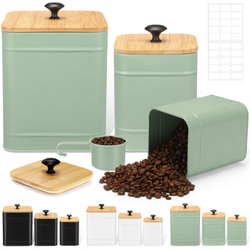Kitchen Canister Set of 3 with Airtight Bamboo Lids Spoon, Green, XL, L, M