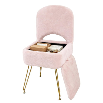 Vanity Stool Chair with Storage and Folding Back, 4 Metal Legs with Anti-Slip Feet, 15.8" x 15.8" x 33" Square