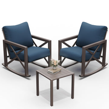 Rocking Chair Outdoor Oversized Metal Bistro Set 6.5" Cushion Navy