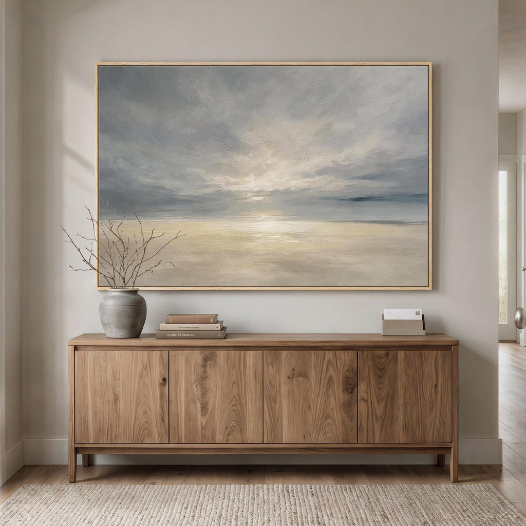 Extra Large Framed Beige Blue Coastal Abstract Wall Art, Horizontal 60x40