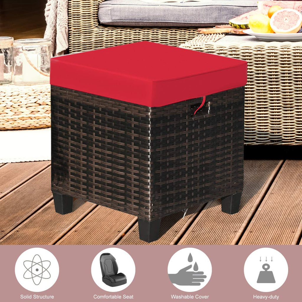 2PCS Patio Outdoor Ottomans, Rattan Wicker Ottoman Seat w/Removable Cushions, Rattan Footstool Footrest Seat Set