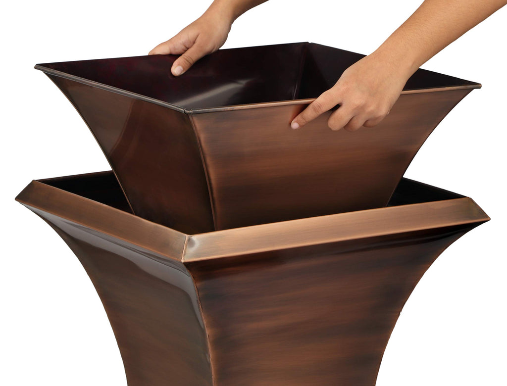 Tall Outdoor Planter with Drainage Tray - 26" Large Antique Copper Square Flower Pot with Removable Insert - Indoor