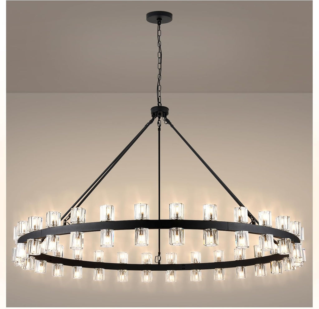 60 Inch Black Wagon Wheel Chandelier with Crystal Shade, 60 Lights, Modern Farmhouse Style, Ideal for Dining Room, Kitchen, Entryways A117-B0DQXV9RKZ