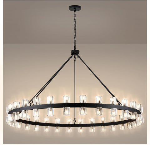 60 Inch Black Wagon Wheel Chandelier with Crystal Shade, 60 Lights, Modern Farmhouse Style, Ideal for Dining Room, Kitchen, Entryways A117-B0DQXV9RKZ