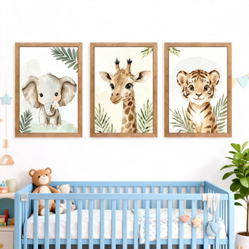 3 Set Safari Nursery Wall Decor, 11x16 Inch Framed Cute Giraffe Elephant Tiger Print Sign, Jungle Theme Cartoon