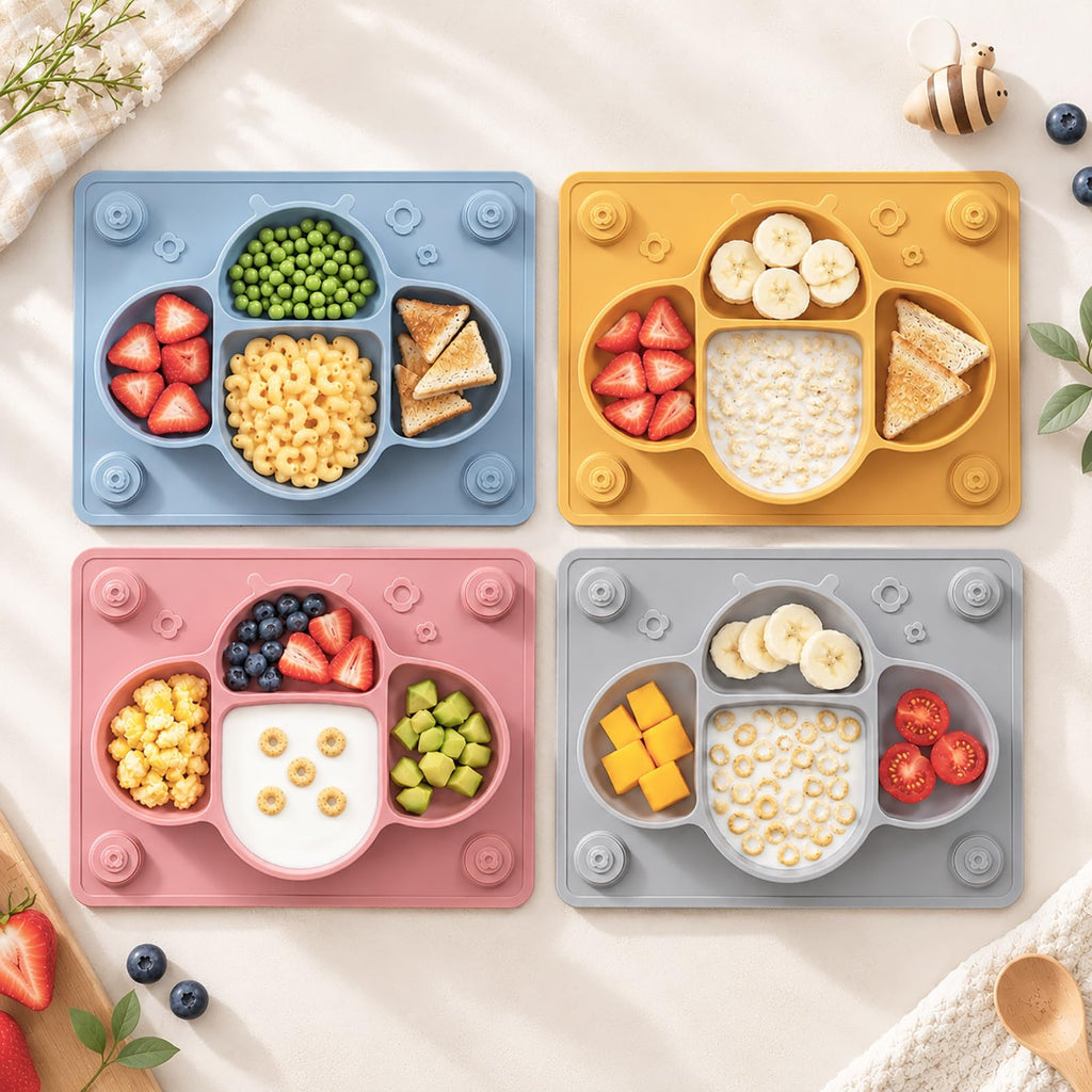 Suction Plates for Baby Placemat Spoon Fork Set for Toddlers, Silicone Baby Plates with Suction Baby Dishes for Kids