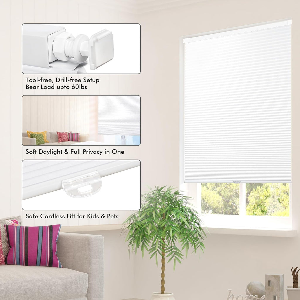 No Drill Cellular Shades Light Filtering Honeycomb Blinds White | No Tool No Drill Design for Super Easy