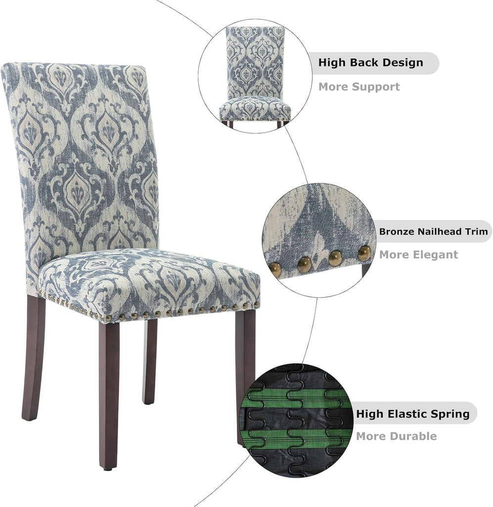Upholstered Parsons Dining Chairs Set of 2, Fabric Dining Room Kitchen Side Chair with Nailhead Trim and Wood Legs