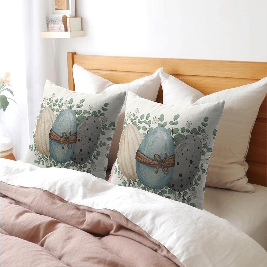 Easter Pillow Covers 18x18 Spring Throw Pillow Covers Rustic Cute Eggs Pillowcase Linen Decoration Farmhouse - Set of 2