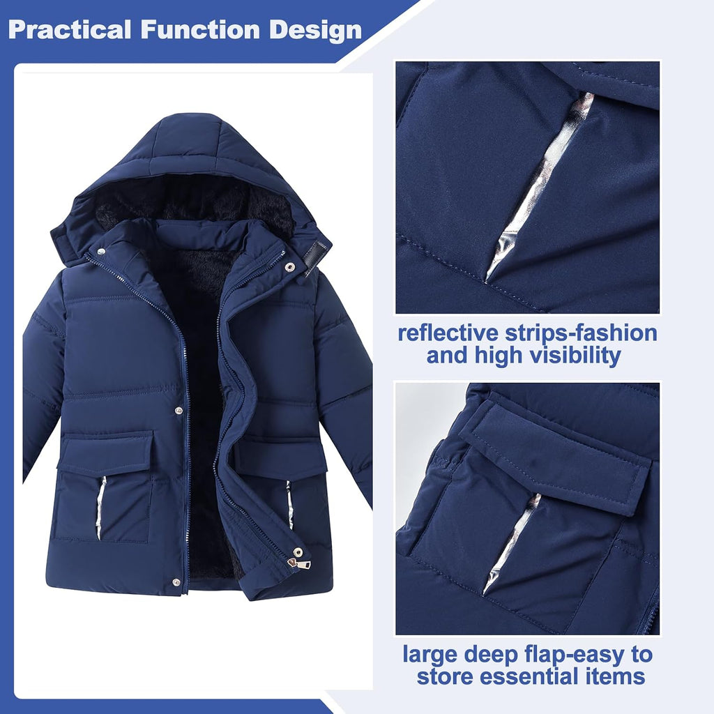 Boys Winter Coat Kids Warm Jacket Wind Water-Resistant Puffy Coats Outwear Toddler Hood Fleece Inner