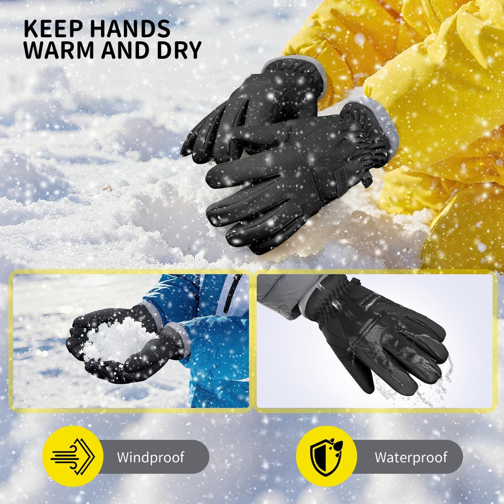 Kids Winter Waterproof Ski Gloves, Snowboarding Touchscreen Snow Cycling Running Gloves for Boys Girls