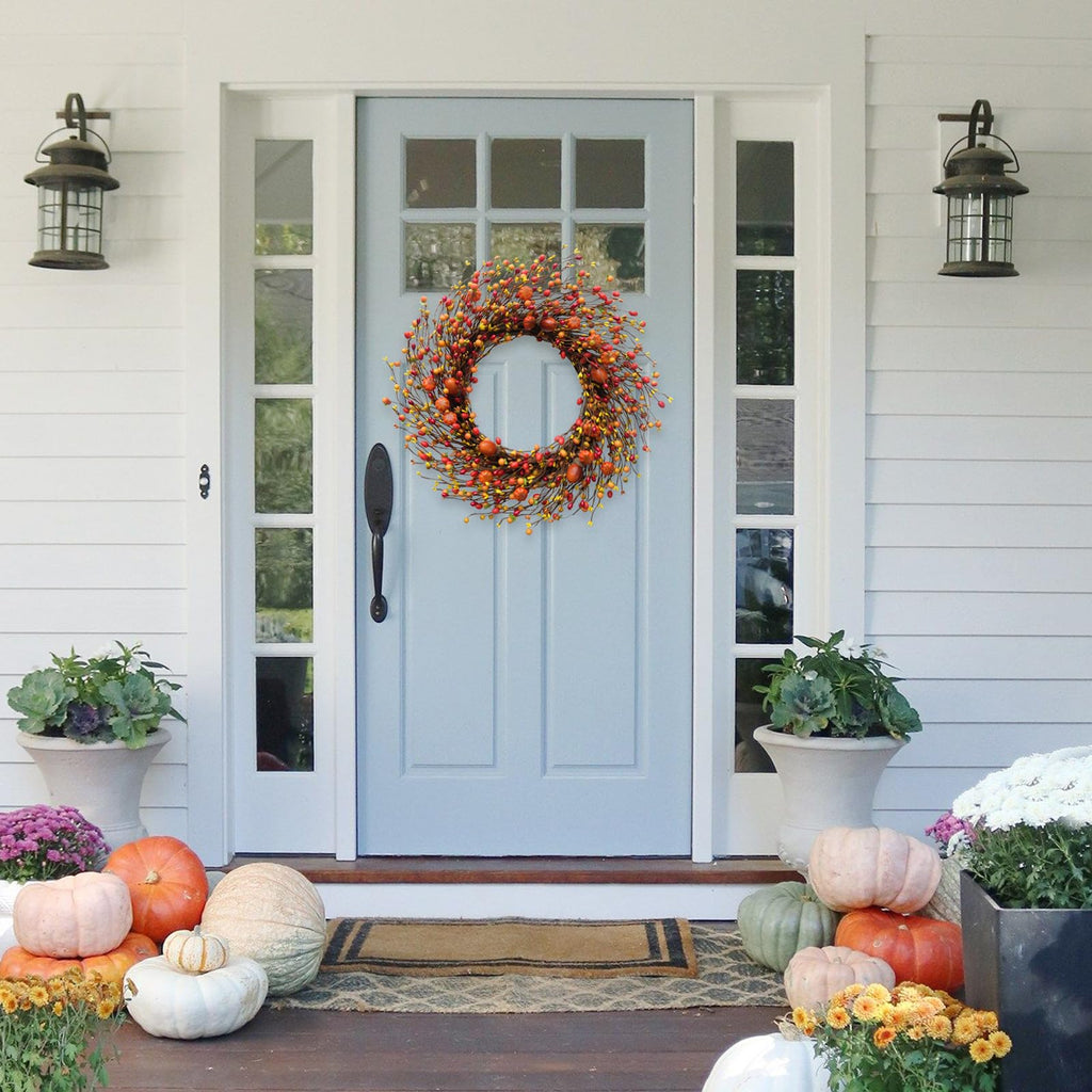 Fall Berry Wreath, 20" Autumn Orange Front Door Wreath Harvest Wreath with Pumpkins, Acorns Artificial Wreath for