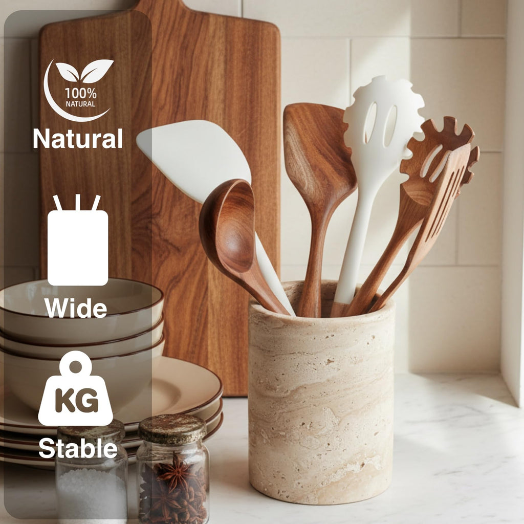 Natural Travertine Utensil Holder Countertop - Heavy & Stable Real Stone Utensil Crock, Large Spoon & Spatula