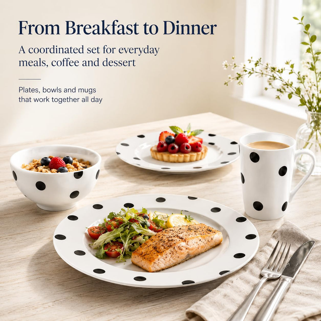 Black and White Polka Dot Dinnerware Set for 4, 16-Piece