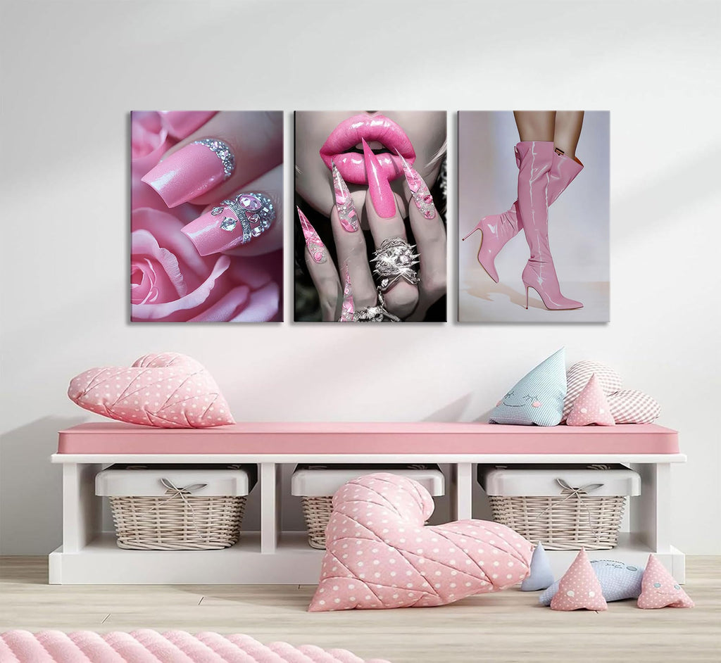 3Pcs Fashion Pink Women's Wall Art Canvas Wrapped 16x24in