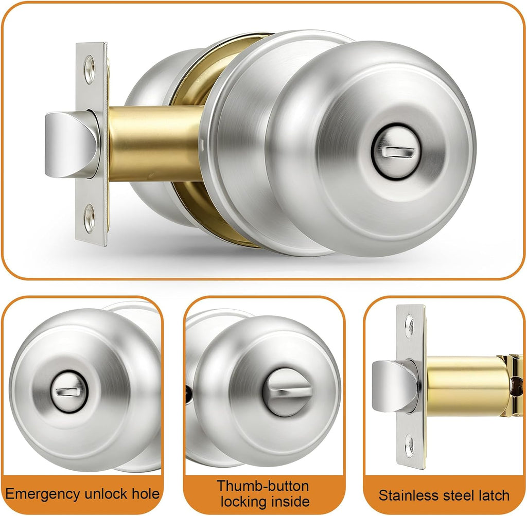 Brushed Nickel Door Knobs, Privacy Door Knob Bedroom, Interior Door Knobs with Thumb Turning Locking Button, 6 Pack