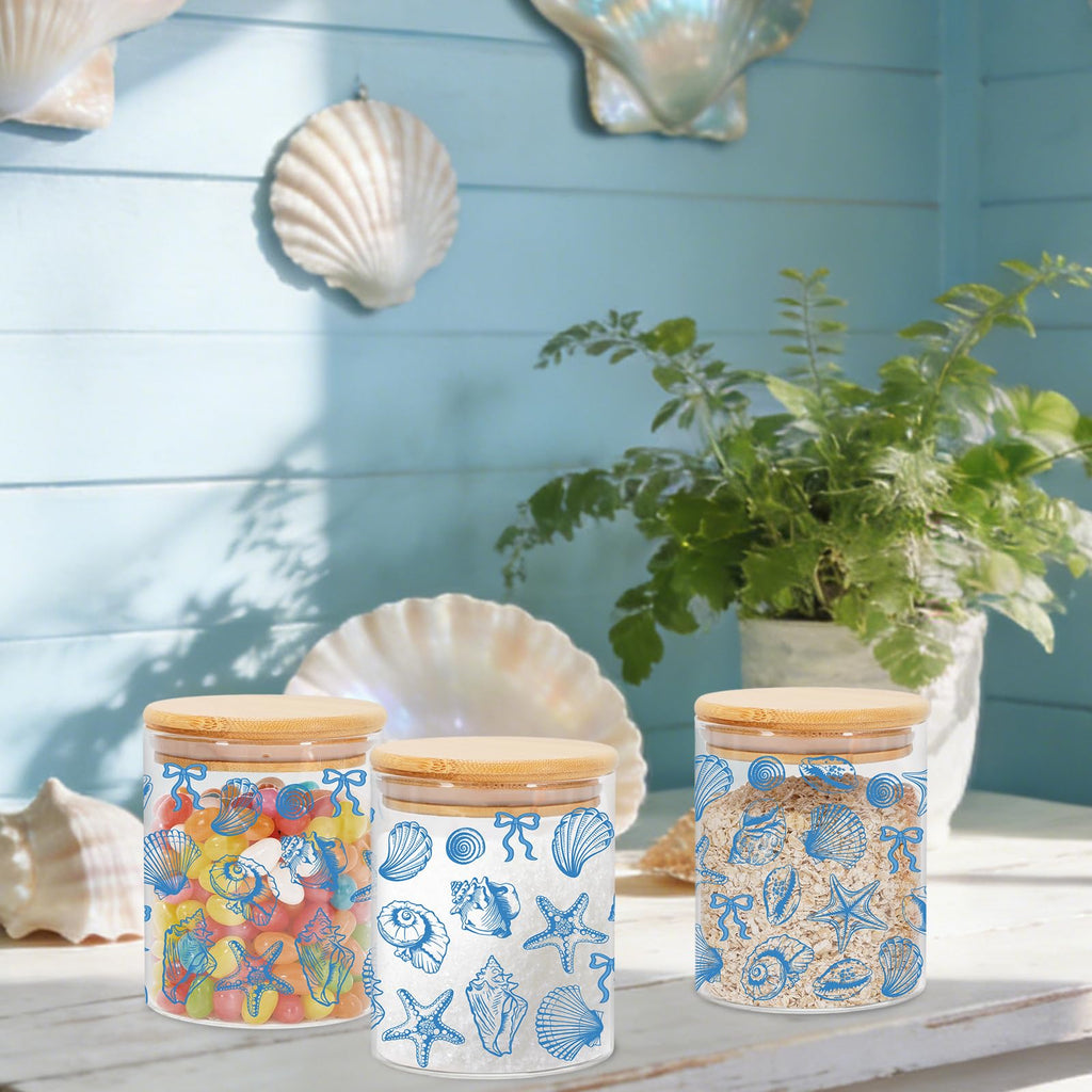 3Pcs Coastal Beach Glass Storage Jars with Airtight Lid Blue Bow Seashell Starfish Conch Decorative Clear Canisters