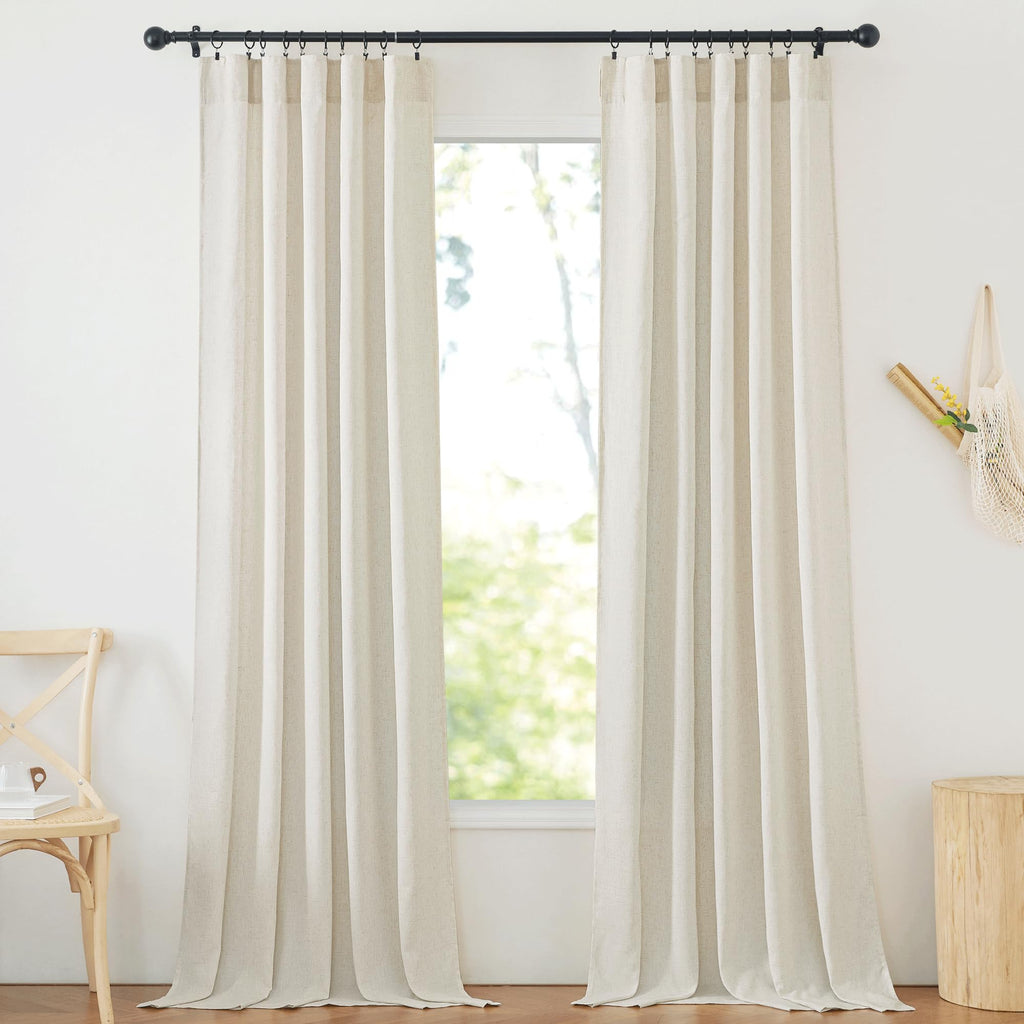 Natural Linen 144 inch Long Curtains, Rod Pocket & Back Tab Thick Flax Privacy Semi Sheer Window Treatments with