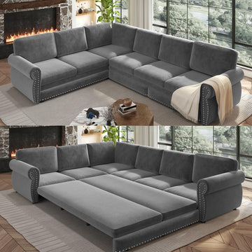 118" L-Shaped Sofa Couch with Pull Out Bed, Oversize Convertible Sectional Sleeper Sofa with Nailhead Trim & Rolled