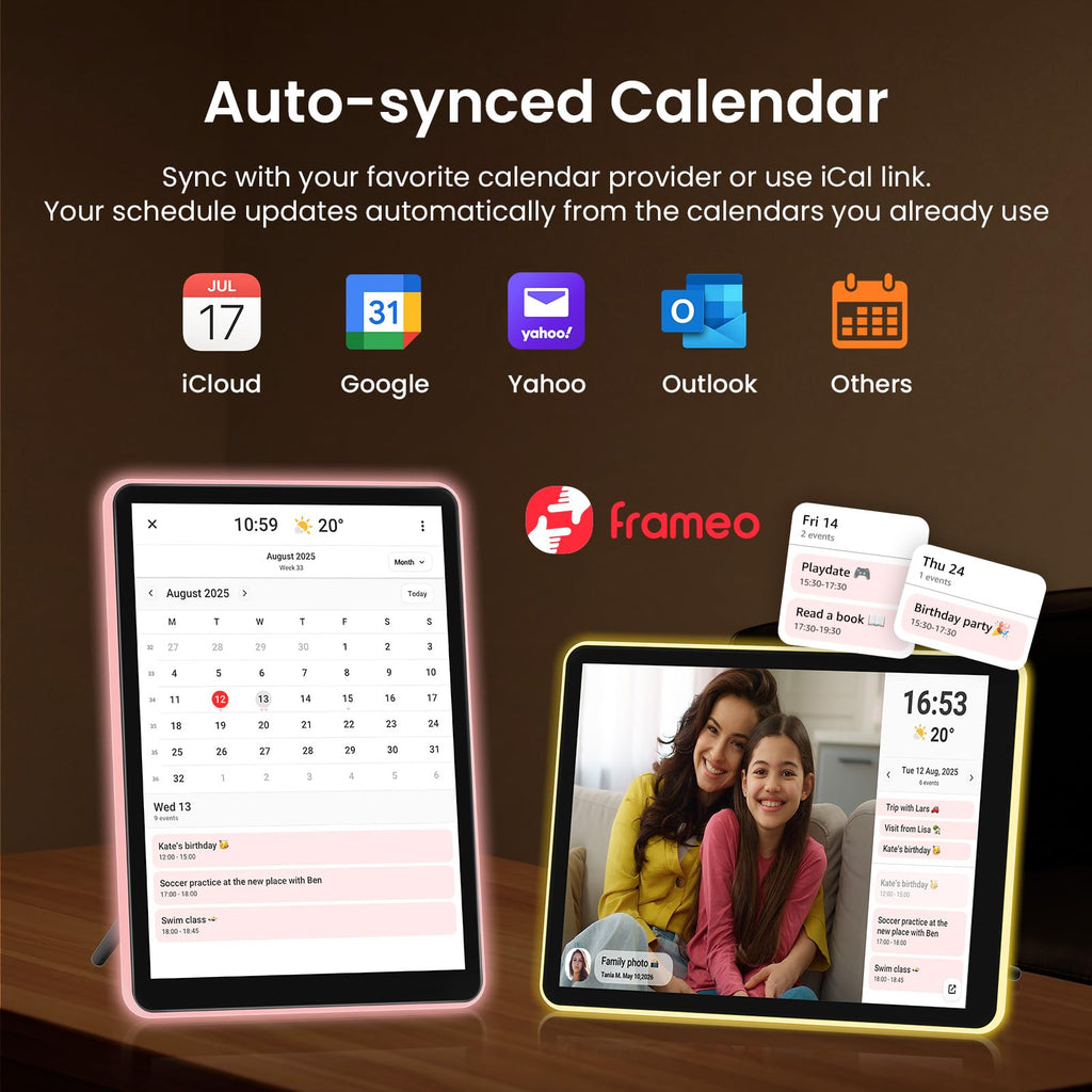 10" Neon Light Digital Picture Frame, Desk Digital Calendar, Auto-synced Schedule via Frameo App - 2K IPS Touchscreen
