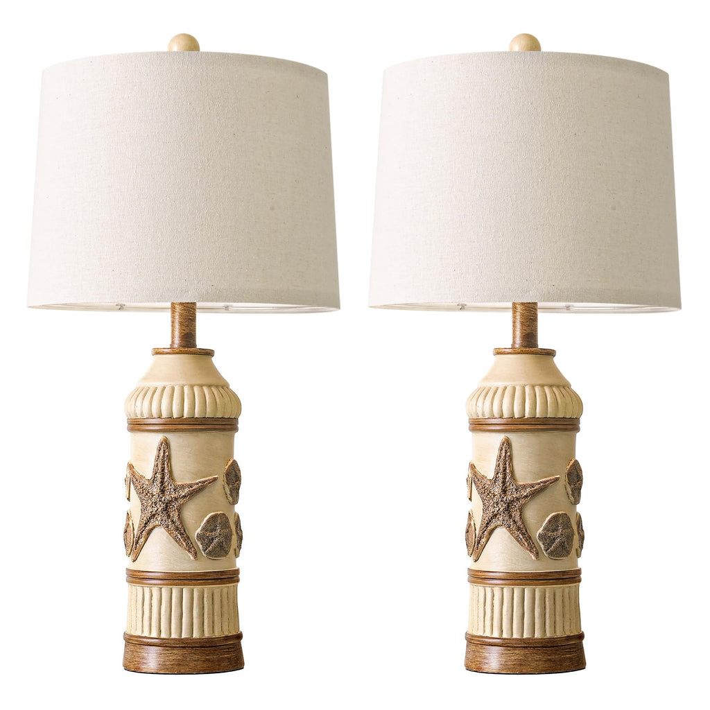 24" Table Lamps Set of 2, Boho Table Lamps, Bedside Lamp for Nightstands, Coastal Nautical Lamp with Starfish Conch